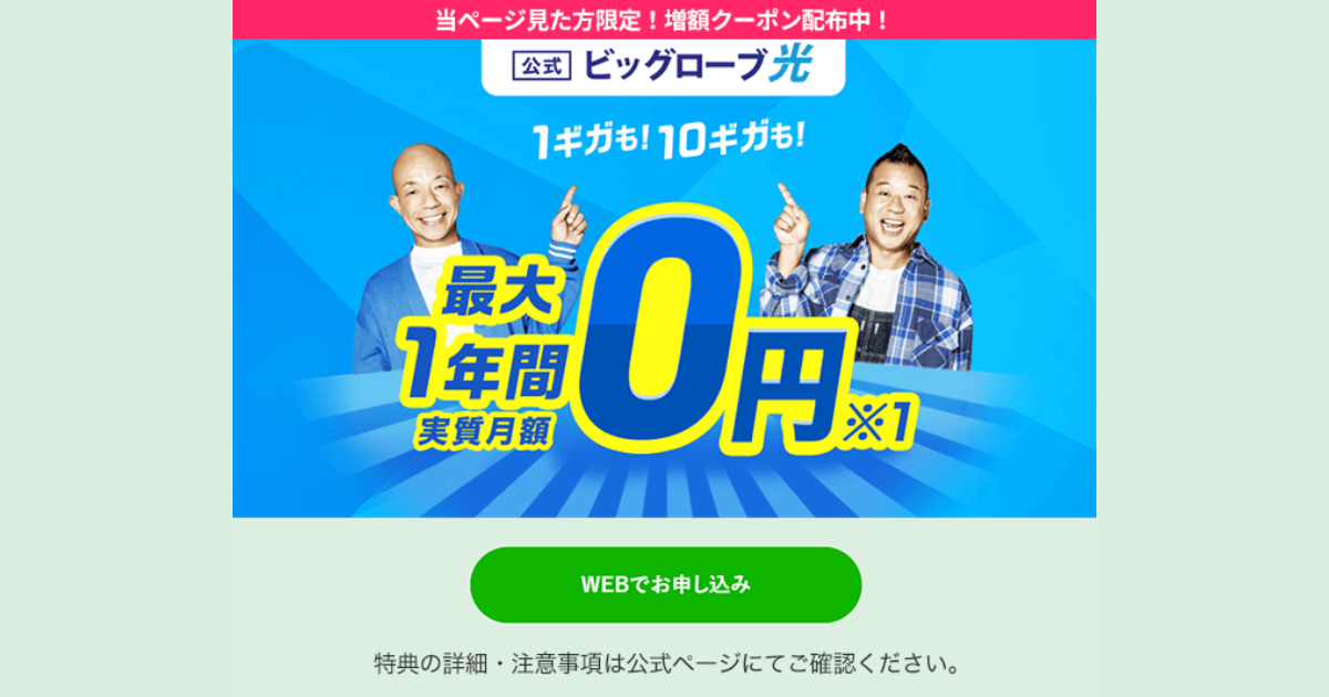 【公式】ビッグローブ光 キャンペーン【最大1年間実質月額0円！総額最大131,272円お得】